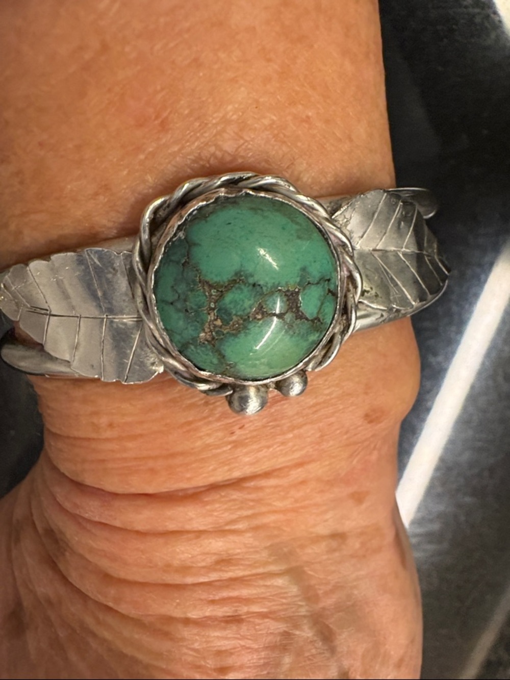 Turquoise Stone Silver Feather Cuff Bracelet - Women Jewelry - Picture 10 of 12